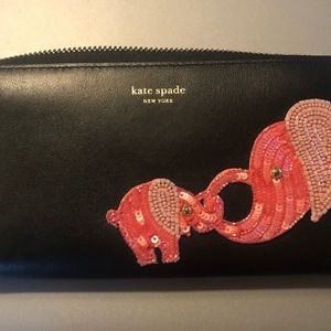 Kate Spade black zip around wallet beaded elephants